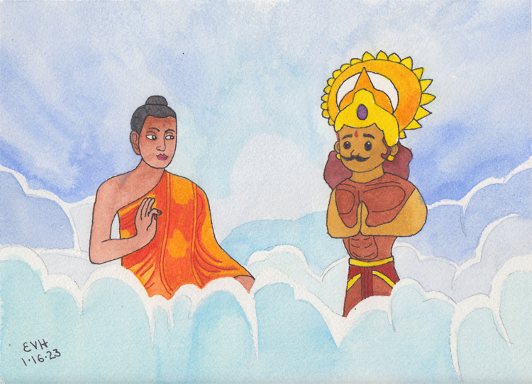 The Buddha teaches Baka in a heavenly realm.