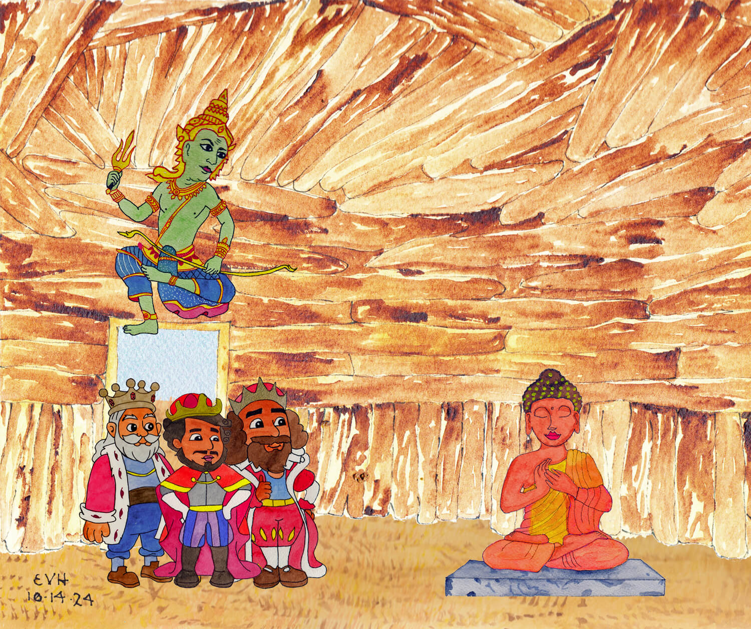 Sakka and the three Kings enter the ascetic’s hut.